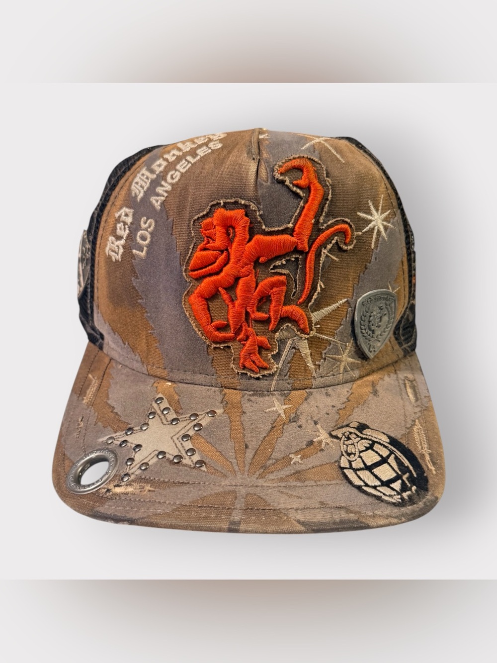 Red Monkey Los Angeles Trucker Hat Mens Distressed Studded Heavy Metal Cap